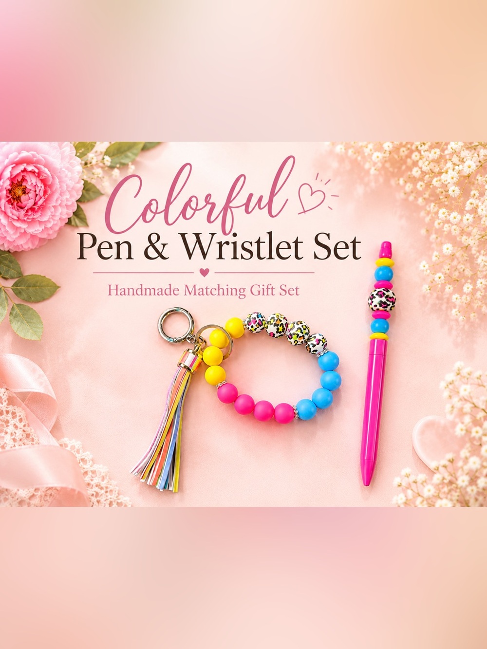Leopard Print Colorful Beaded Wristlet Keychain with Leather Tassel & Pen Set